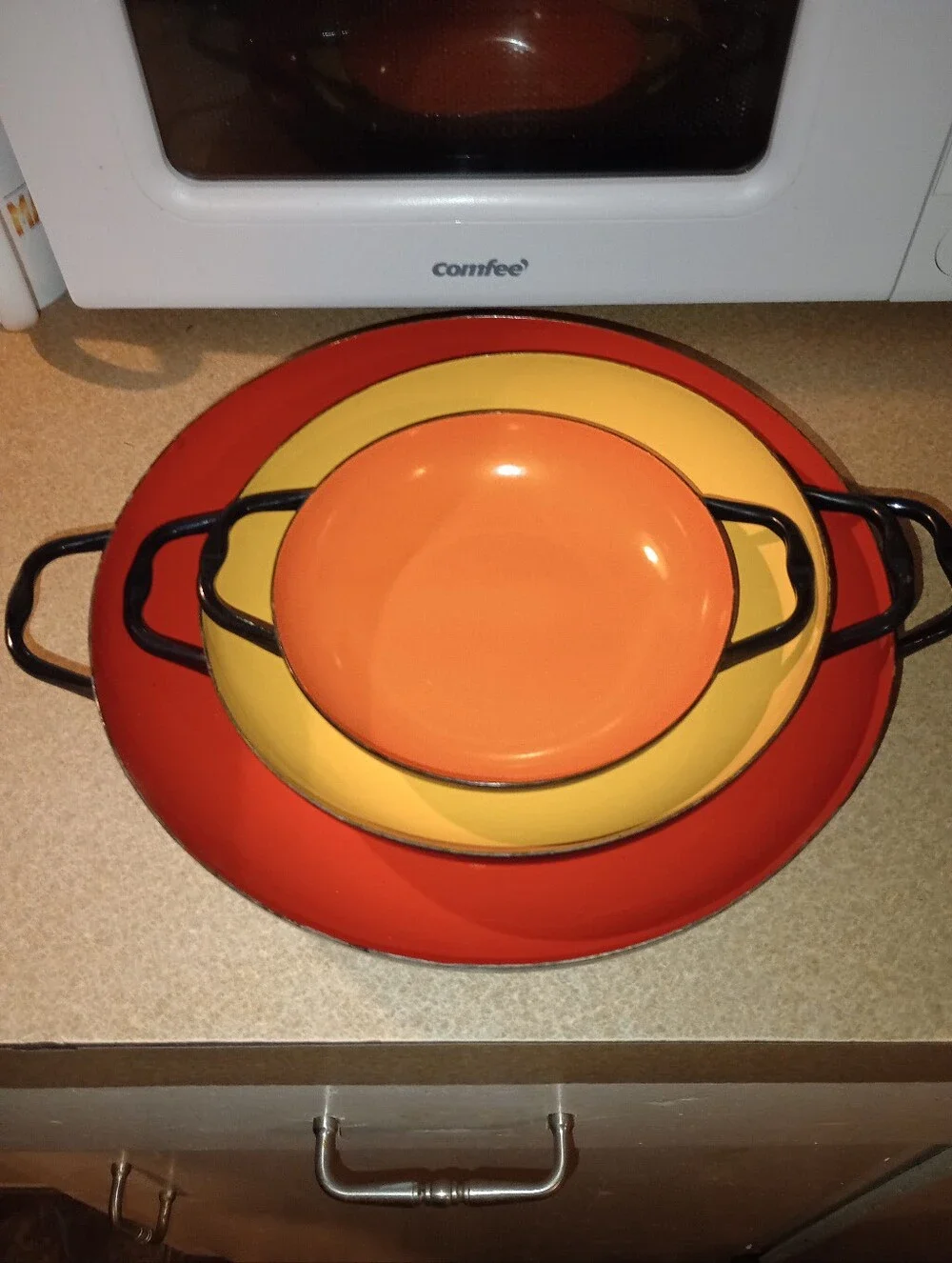 Vintage Orange & Yellow Huta Silesia Enamel Nesting Saute Pans